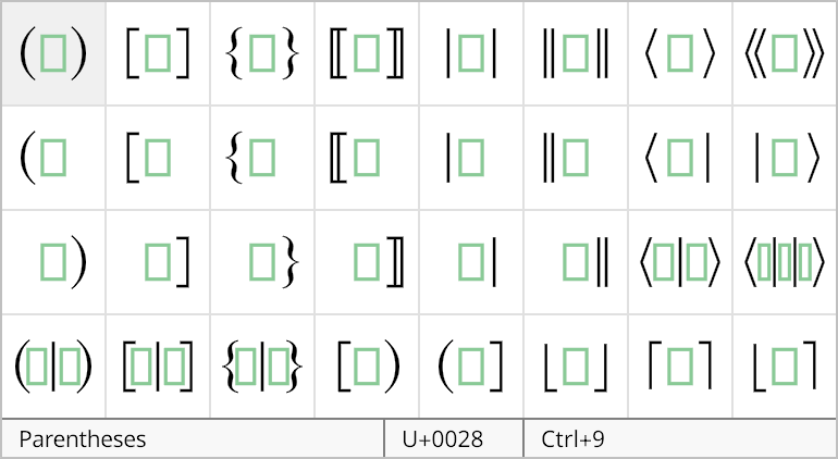 Brackets palette in Radical Pie equation editor
